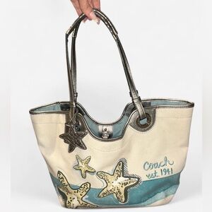 Rare Coach Starfish Canvas Tote - Cream and Blue